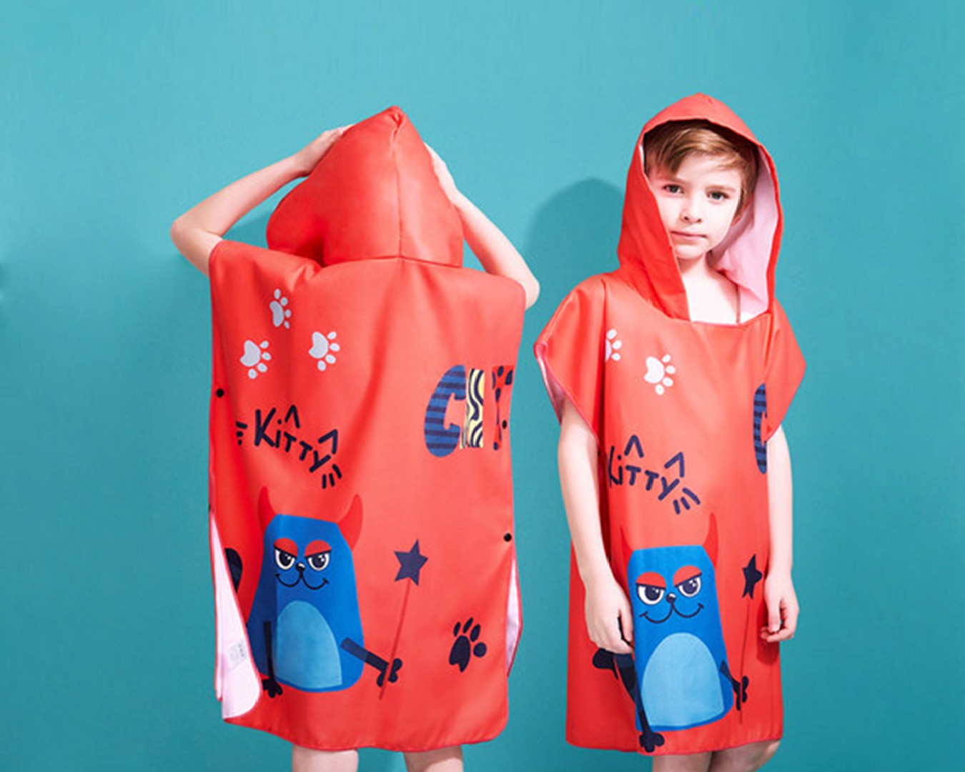 

Полотенце-пончо для деток, для плавания и пляжных прогулок для девочек и мальчиков, на застёжках, Leacco, красного цвета SP-02