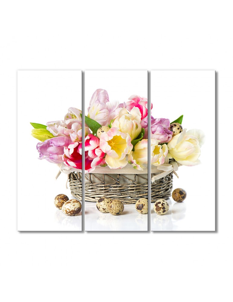

Модульная картина Artel «Тюльпаны в корзинке и перепелиные яйца. Пасхальный натюрморт» 3 модуля 120x180 см