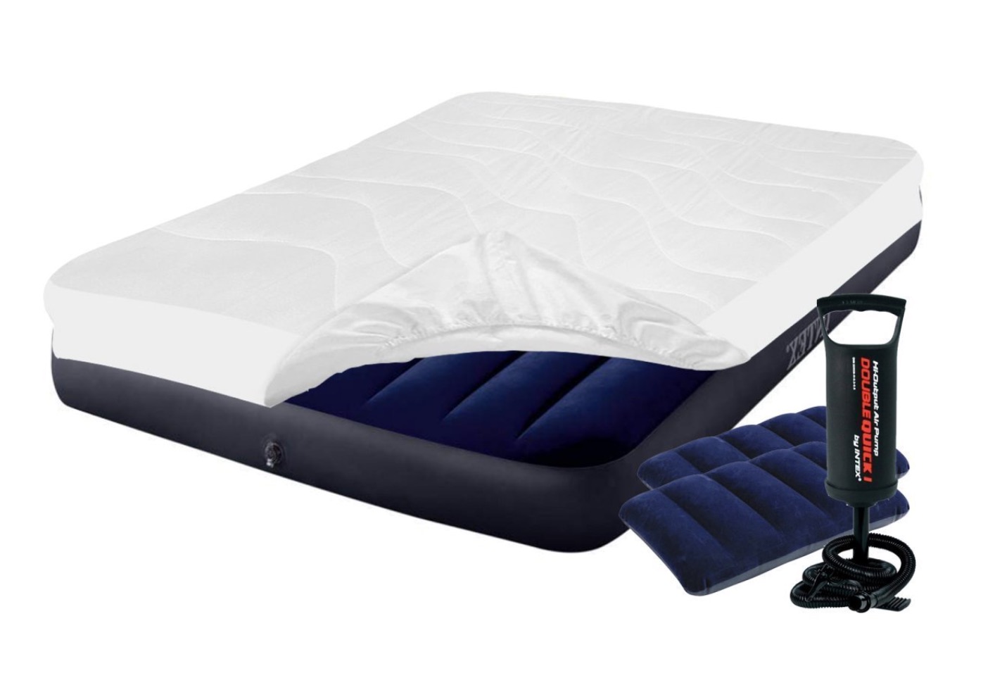 

Двухместный надувной матрас с насосом Intex Classic Downy наматрасник и подушки Синий 152х203х25 см (IP-172749)