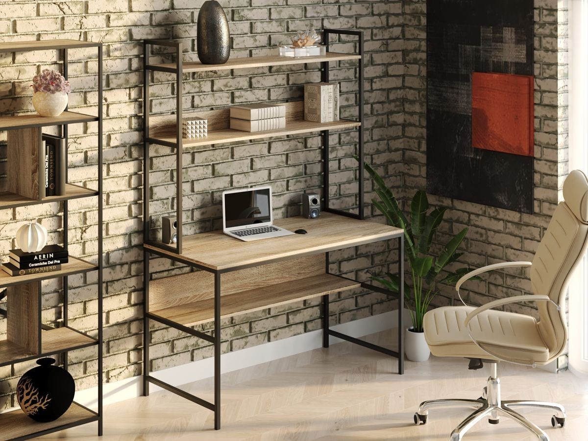 

Стол компьютерный письменный с металлическим каркасом в стиле Лофт (Loft) DrevoGoods усиленный, прямой, рабочий для дома и офиса 1200х750х600мм; металл: Черный; дерево: Дуб Сонома + стеллаж с полками