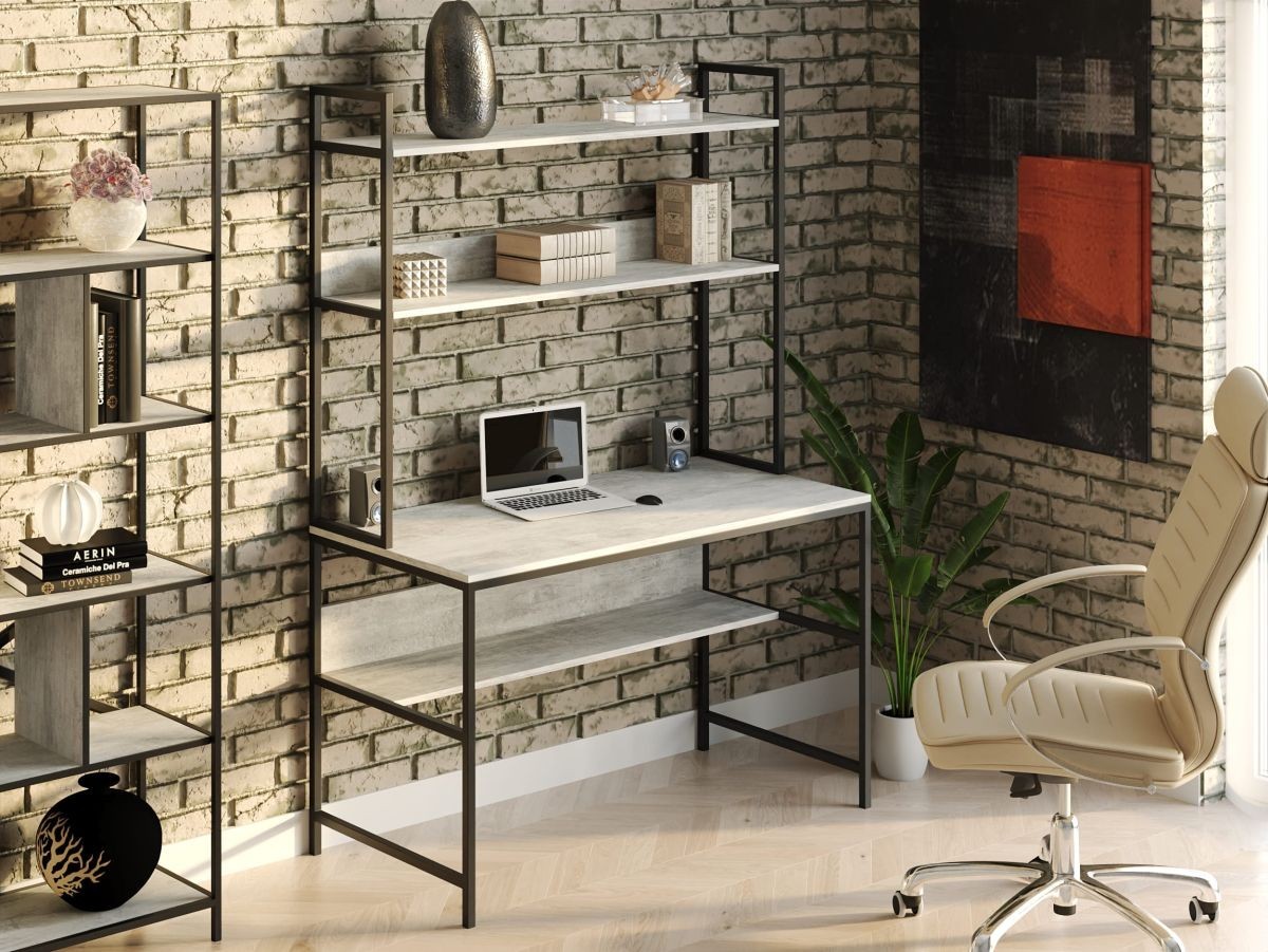 

Стол компьютерный письменный с металлическим каркасом в стиле Лофт (Loft) DrevoGoods усиленный, прямой, рабочий для дома и офиса 1600х750х600мм; металл: Черный; дерево: Бетон + стеллаж с полками