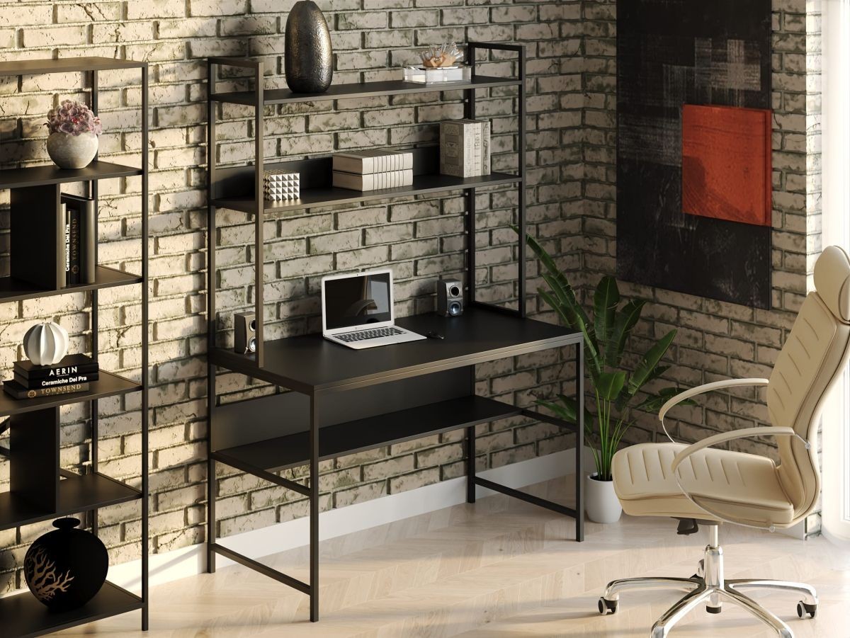 

Стол компьютерный письменный с металлическим каркасом в стиле Лофт (Loft) DrevoGoods усиленный, прямой, рабочий для дома и офиса 1400х750х600мм; металл: Черный; дерево: Черный + стеллаж с полками