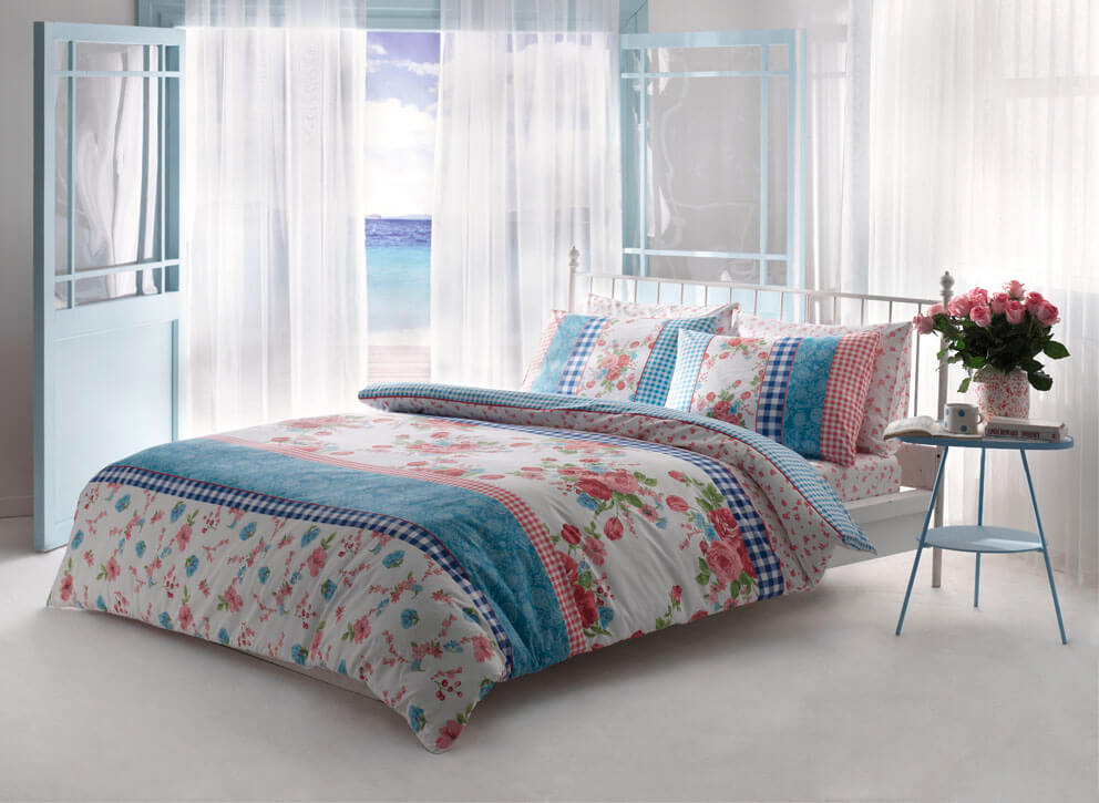 

Двуспальный King Size комплект TAC Jillian Pink Ранфорс 220 x 240 см Розовый с голубым