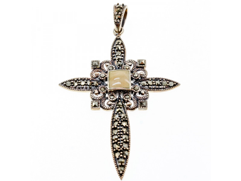 

Серебряный крест с камнями морион и агат Натуральный Sky Jewelry 002577