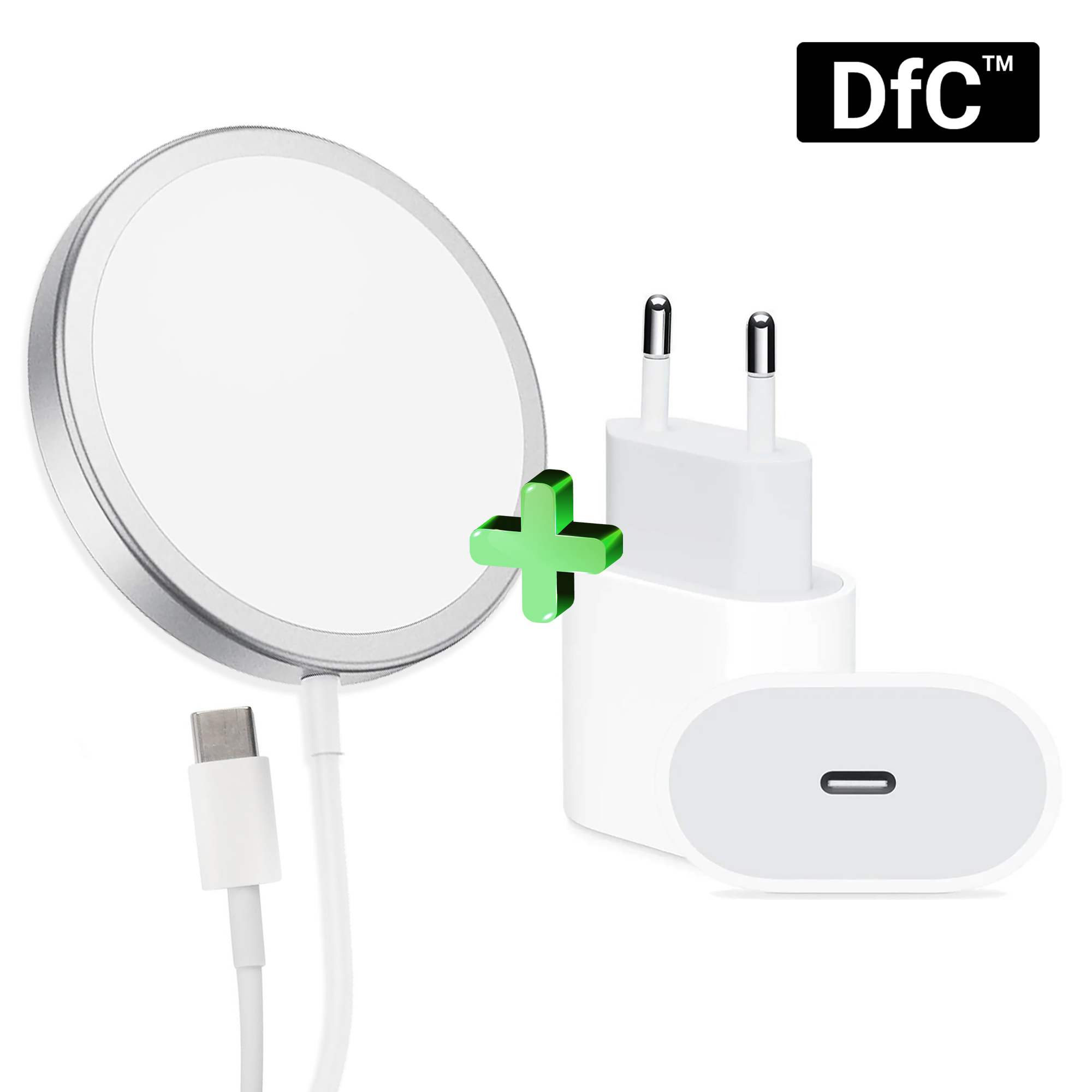 

Комплект DfC для зарядки iPhone: беспроводное зарядное устройство DfC MagSafe Charger и сетевой зарядный блок DfC USB-C 20W Power Adapter