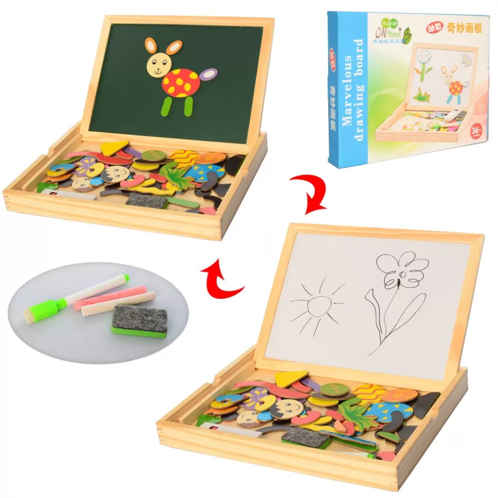 

Развивающая деревянная двухсторонняя досточка для рисования с фигурами мелом и маркером RL MD 2028