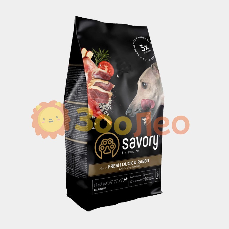 

Сухой корм для собак всех пород Savory со свежим мясом утки и кроликом 1 кг