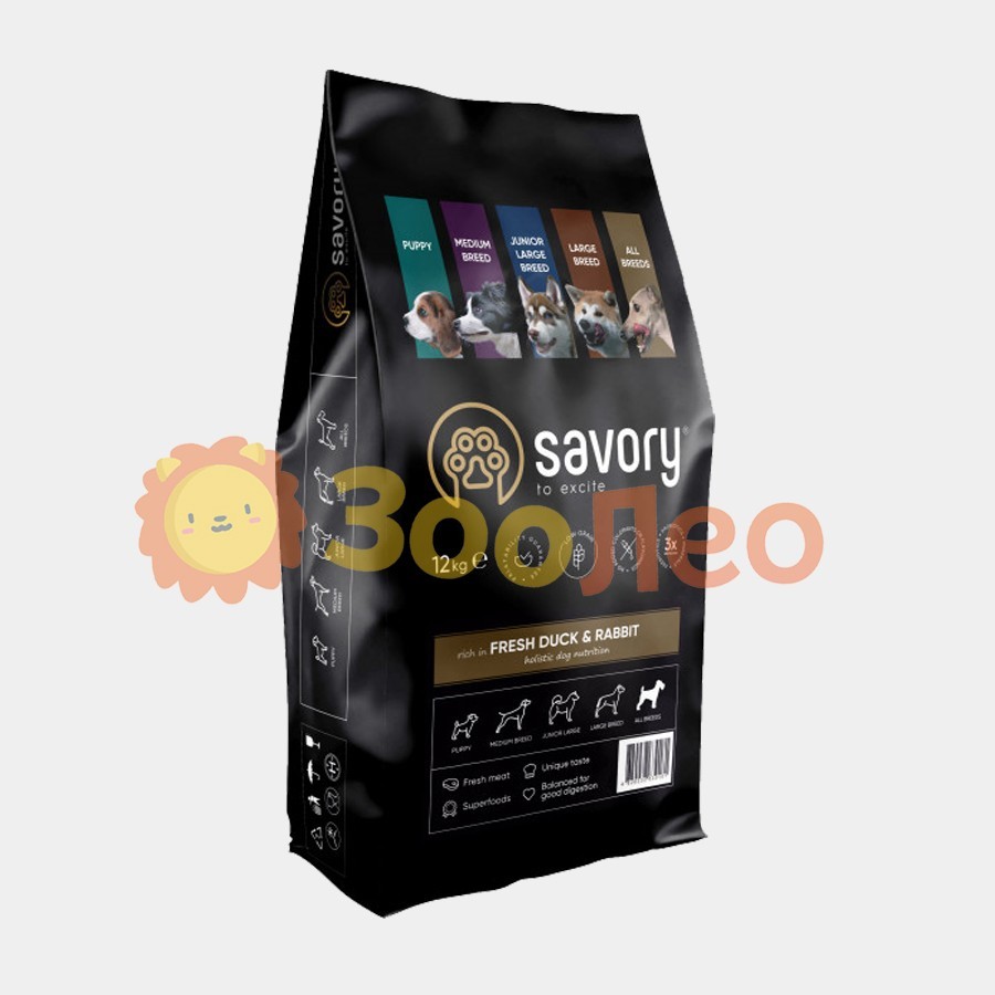 

Сухой корм для собак всех пород Savory со свежим мясом утки и кроликом 12 кг