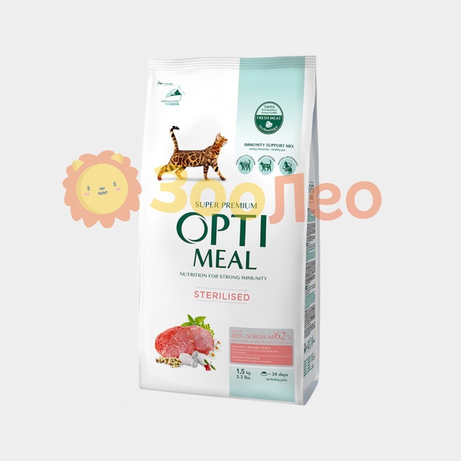 

Сухой корм для стерилизованных кошек и кастрированных котов Optimeal с высоким содержанием говядины и сорго 1.5 кг