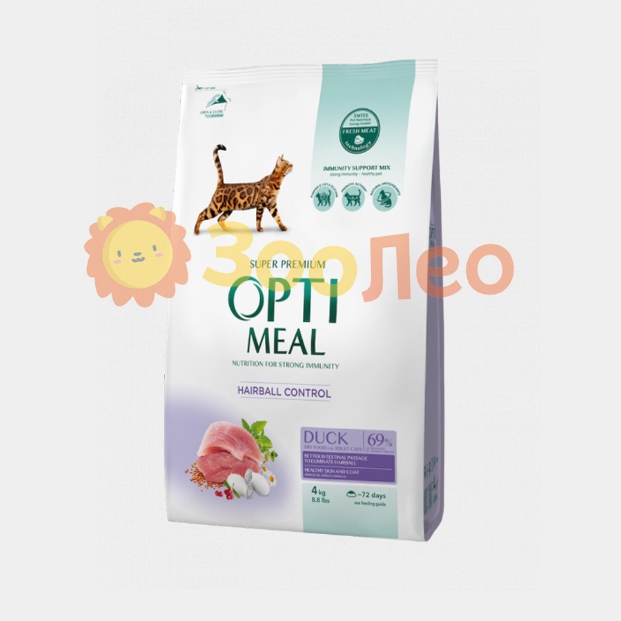 

Сухой корм для взрослых кошек Optimeal с эффектом выведения шерсти со вкусом утки 4 кг