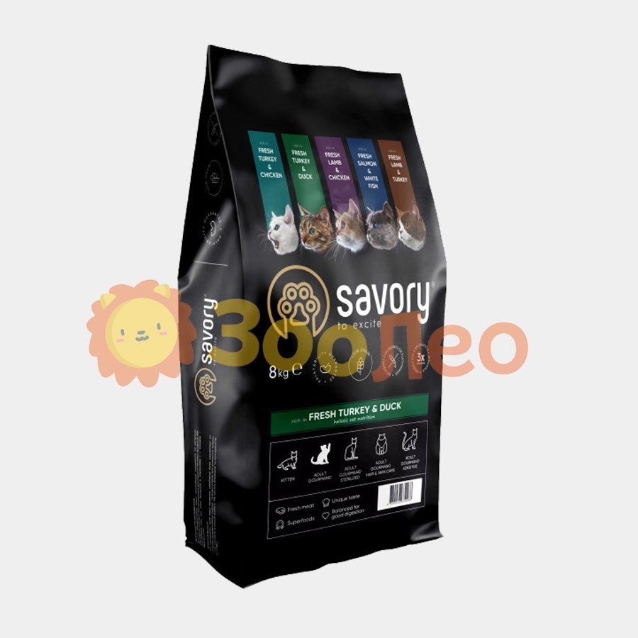 

Сухой корм для кошек Savory со свежим мясом индейки и уткой 8 кг
