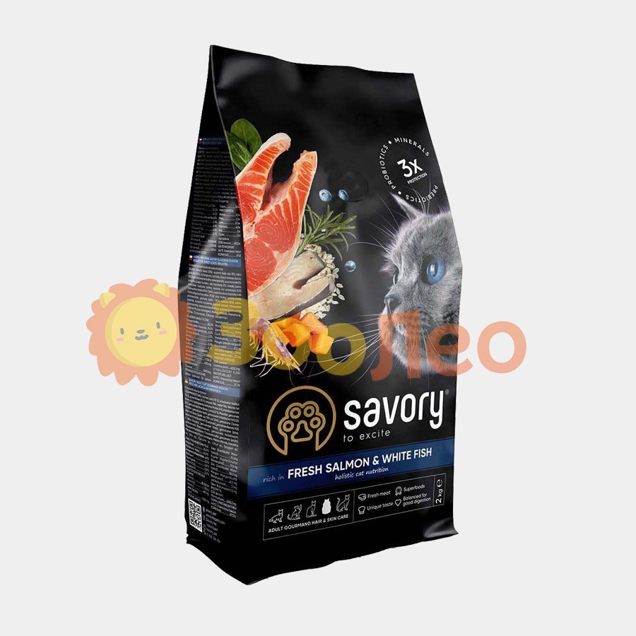 

Сухой корм для длинношерстных кошек Savory со свежим лососем и белой рыбой 2 кг
