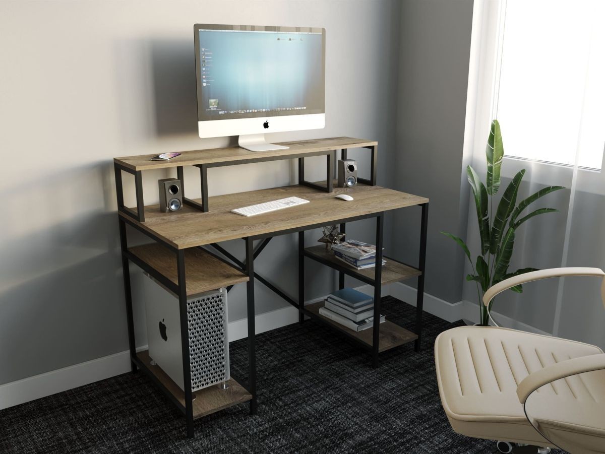 

Стол компьютерный письменный с металлическим каркасом в стиле Лофт (Loft) DrevoGoods усиленный, прямой, рабочий для дома и офиса 1600х750х600мм; металл: Черный; дерево: Аликанте темный + полка под системный блок