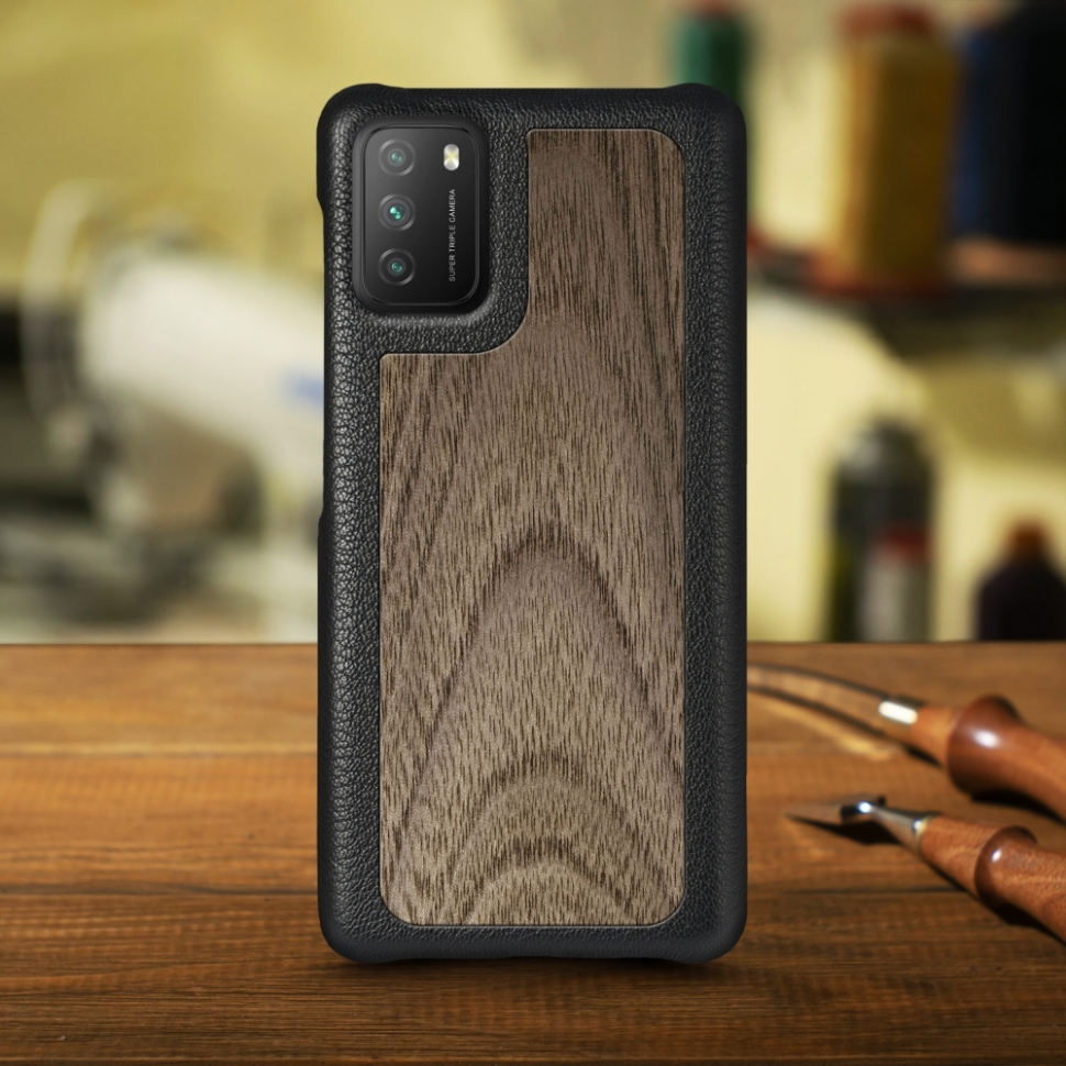 

Кожаная накладка Stenk WoodBacker для Xiaomi Poco M3 Чёрная