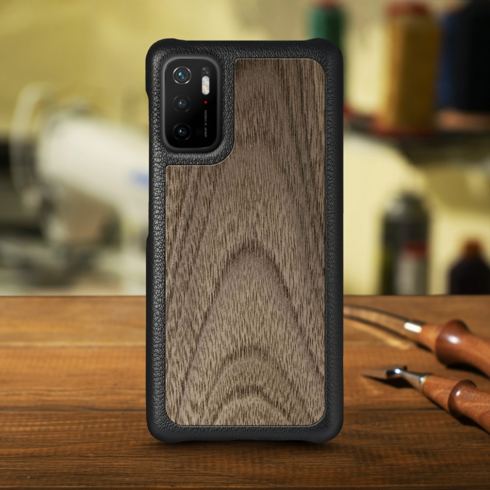 

Кожаная накладка Stenk WoodBacker для Xiaomi Poco M3 Pro Чёрная