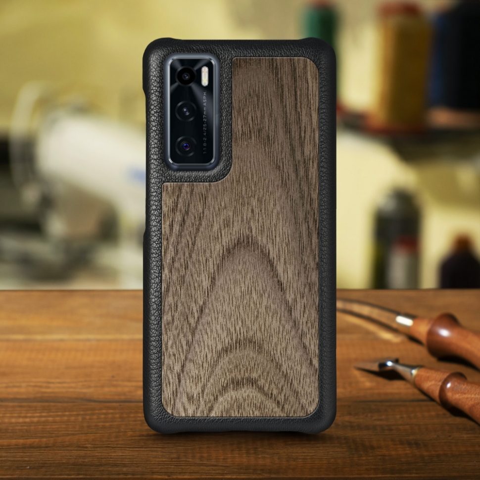 

Кожаная накладка Stenk WoodBacker для Vivo V20 SE Чёрная