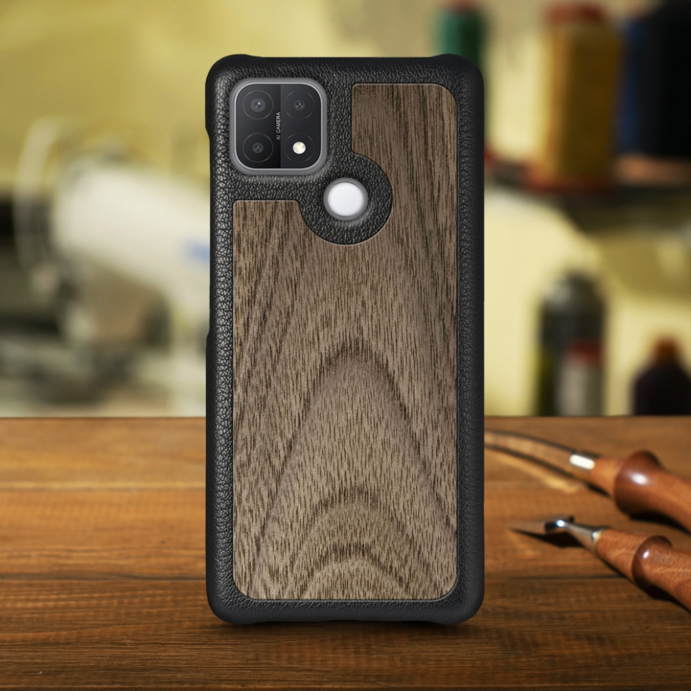 

Кожаная накладка Stenk WoodBacker для OPPO A15s Чёрная