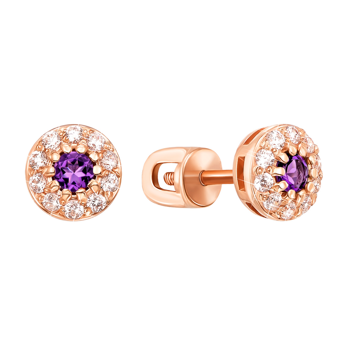 

Серьги-пуссетыиз красного золота с аметистами и фианитами 000131049