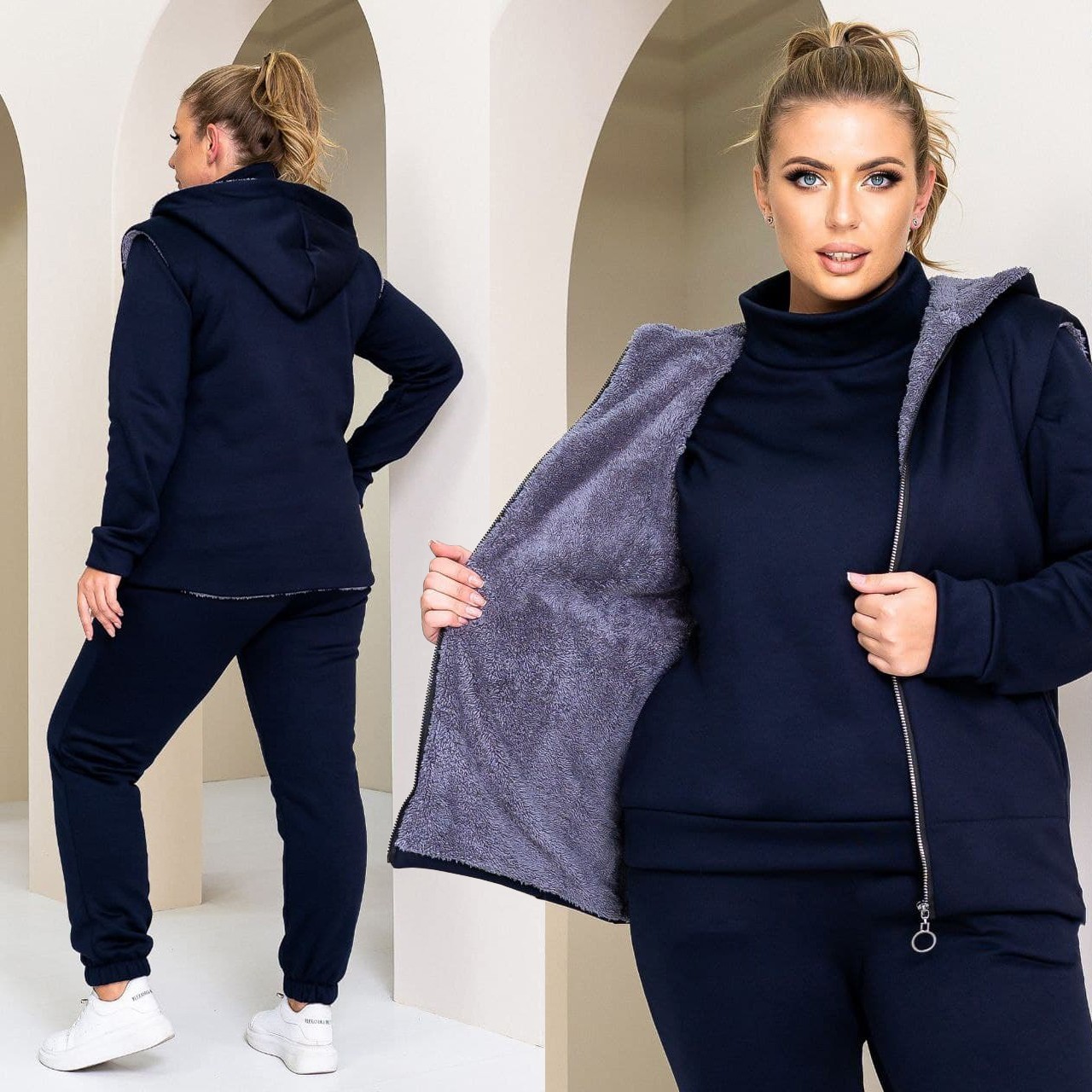 

Женский тёплый cпортивный костюм-тройка 2XL-3XL (-) синий, Женский тёплый cпортивный костюм-тройка 2XL-3XL (56-58) синий