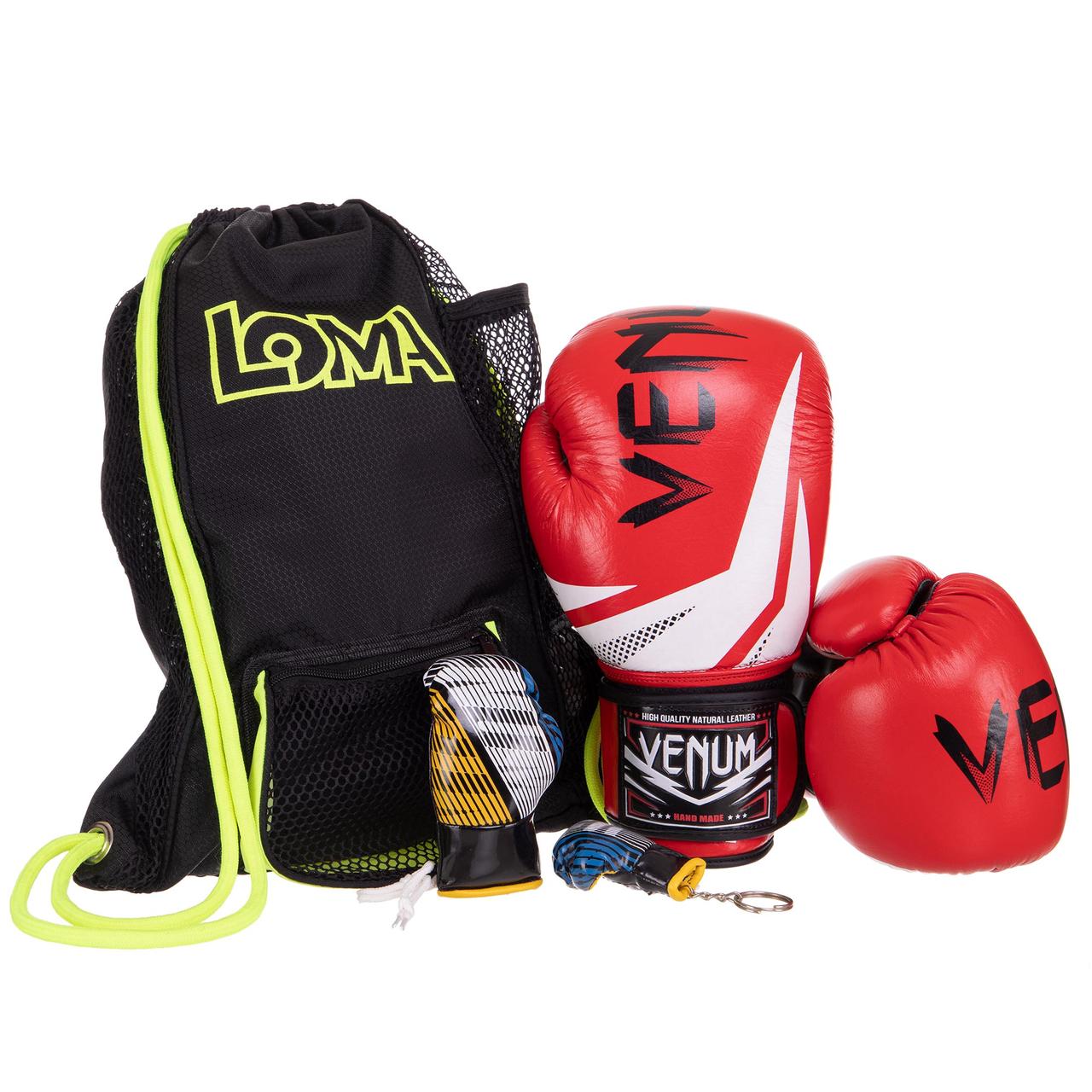 

Боксерский набор 3 в 1, Боксерские перчатки, сумка, брелок 017 VENUM 12 унций красные