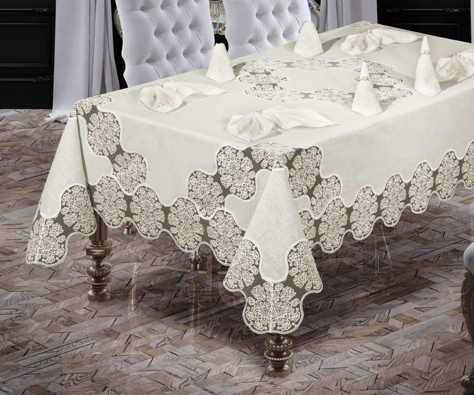 

Скатертина Ayova Defne Set 160x350 cм 12 серветок кремова
