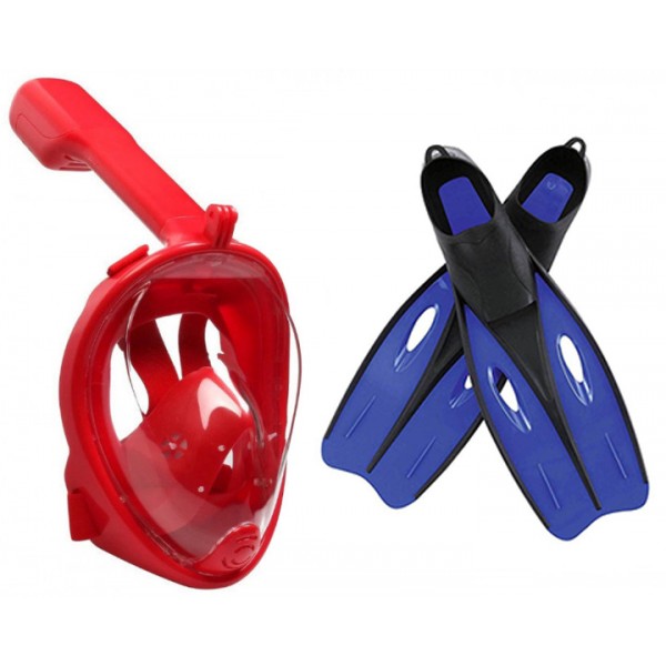 

Панорамная маска для плавания + ласты (набор) снорклинга GTM FREE BREATH (L/XL) с ластами любого размера Красная с креплением для камеры Original Red; Ласты BestWay 27023 Синие