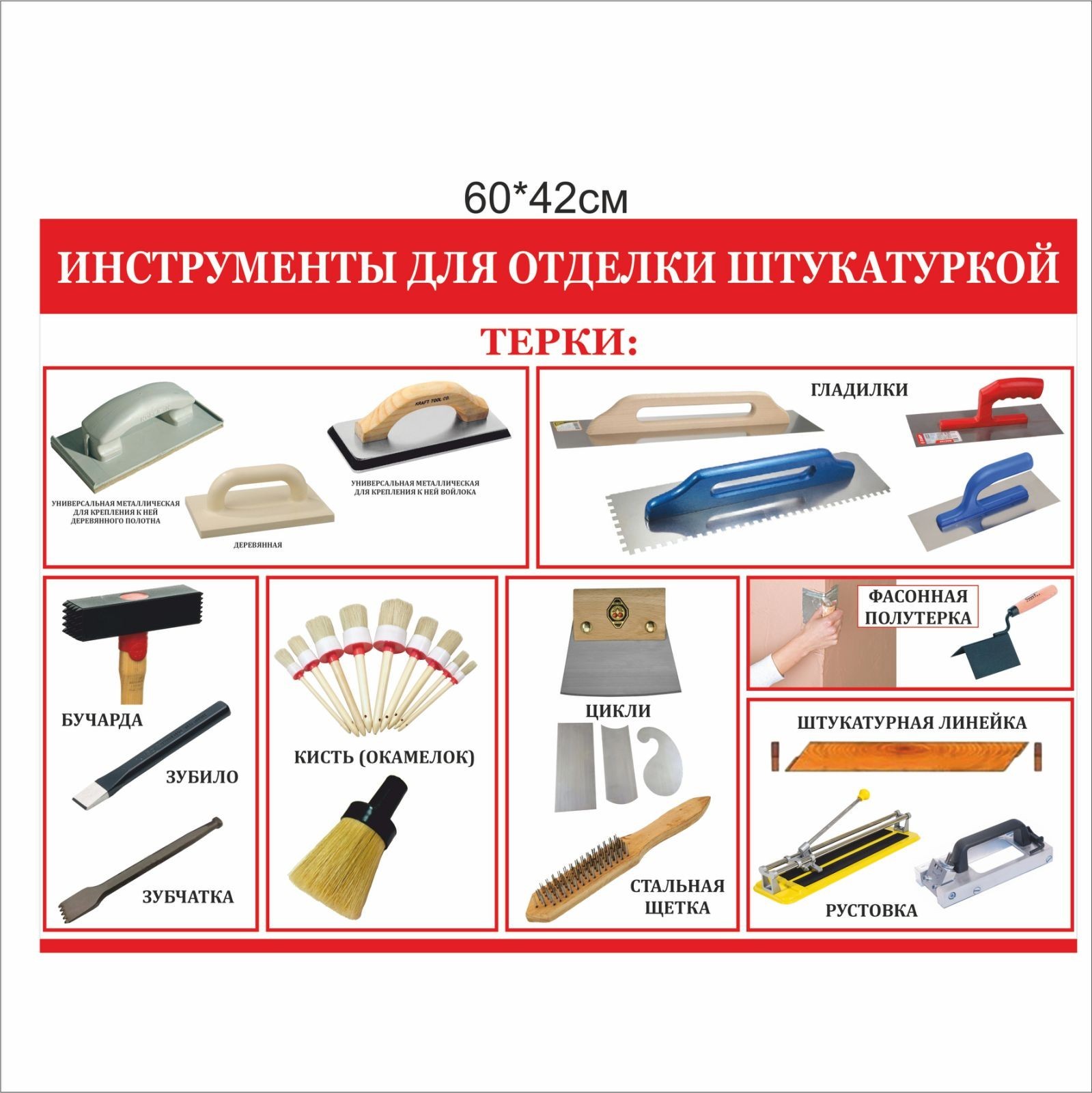 

Стенд Vivay Инструменты для отделки штукатуркой 60x42 см (7443)