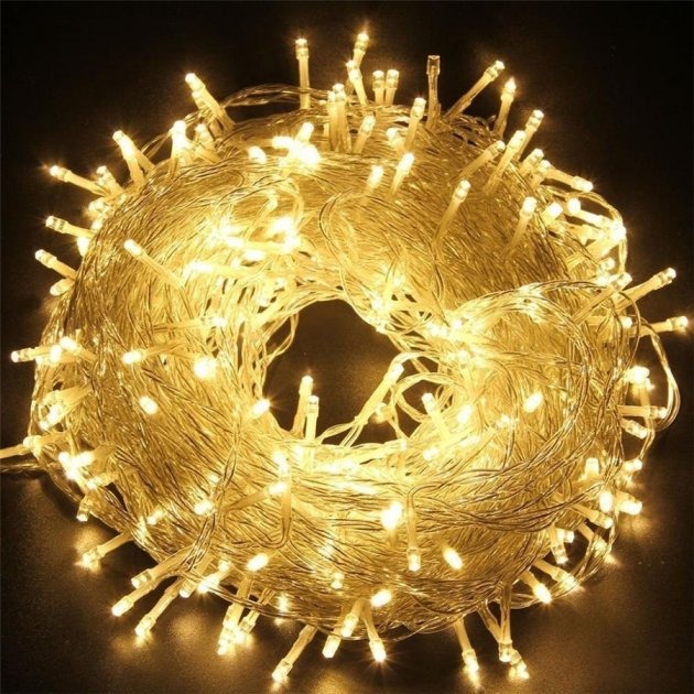 

Гирлянда цепь светодиодная классическая 23 м 500 LED прозрачный шнур круглые лампочки от сети теплый белый