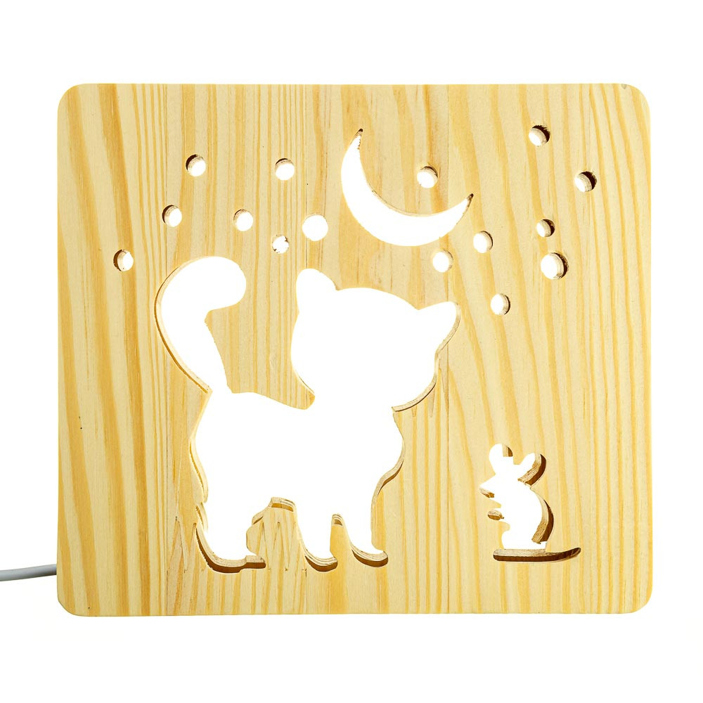 

Светильник ночник ArtEco Light из дерева LED "Кот и мышка под луной" с пультом и регулировкой цвета, RGB