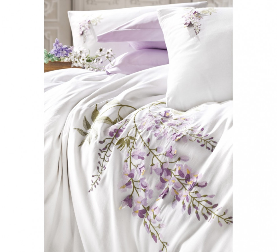 

Постельное белье сатин с вышивкой Cotton Box Mita lila евро 010077595