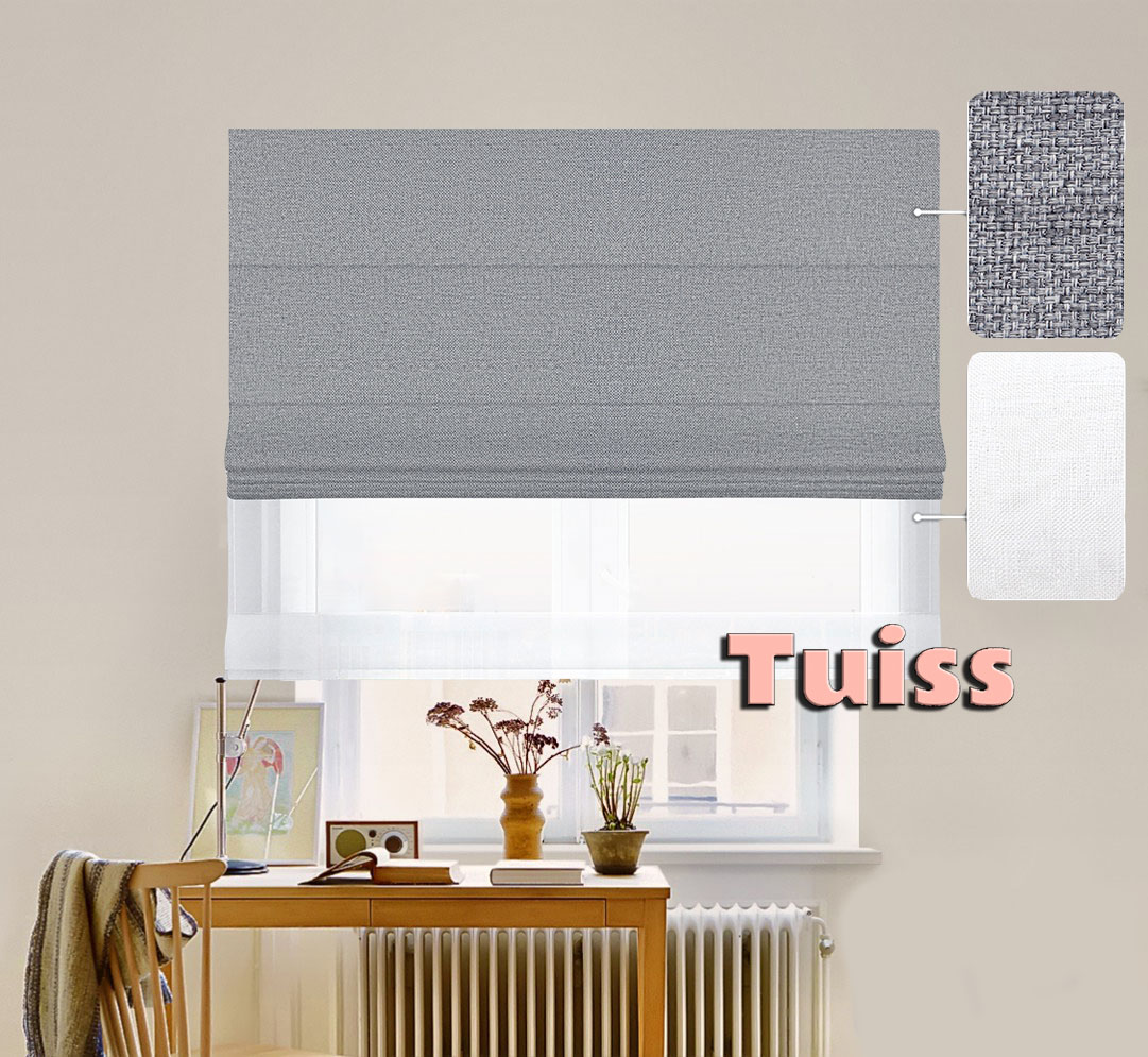 

Двойная римская штора День-Ночь ТВИН Lux Coullise InHt Рогожка Dimout 18 Стальной + Тюль Лён/Тюль Air Белоснежный 170х170 см