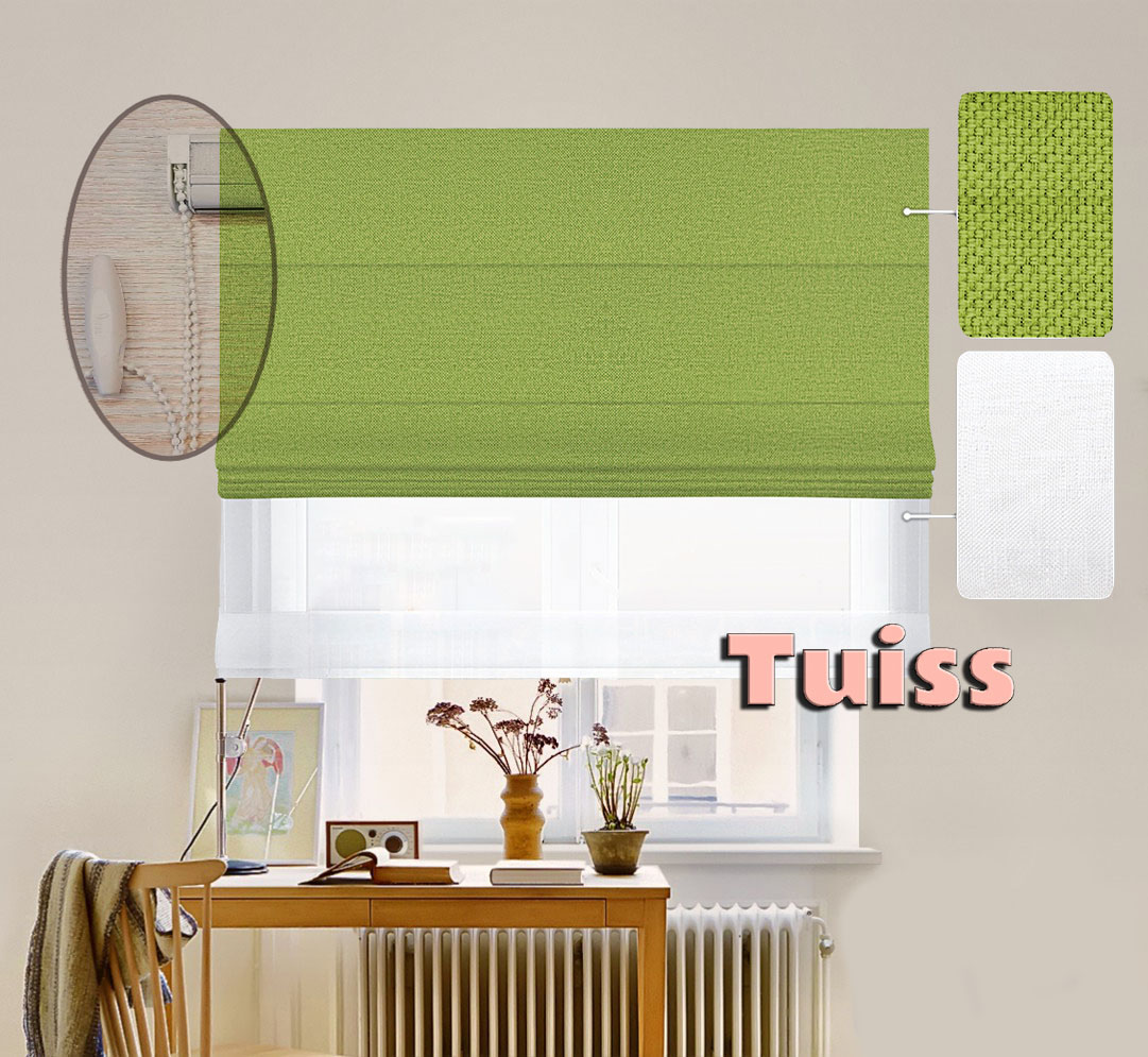 

Двойная римская штора День-Ночь ТВИН Lux Coullise InHt Рогожка Dimout 32 Травяной + Тюль Лён/Тюль Air Белоснежный 220х170 см