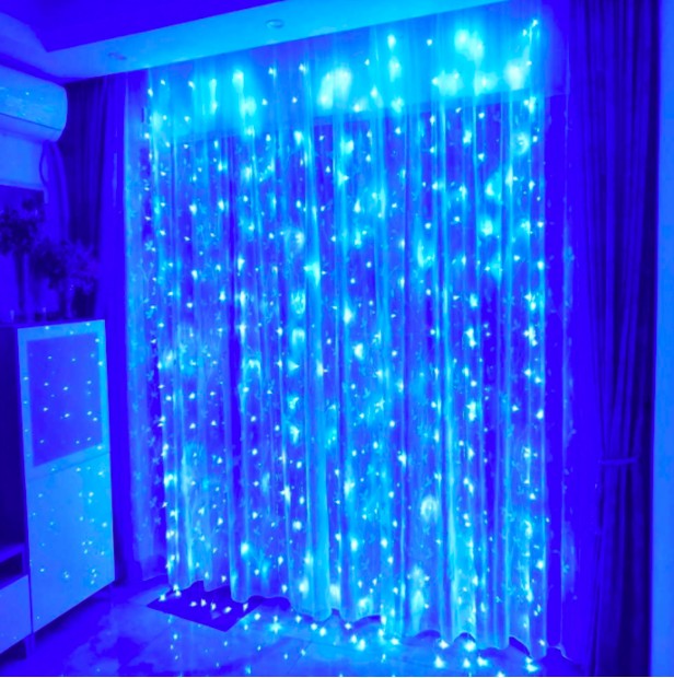 

Гирлянда штора-водопад, прозрачный шнур, 3x2 м, 280 LED, синяя, с переходником