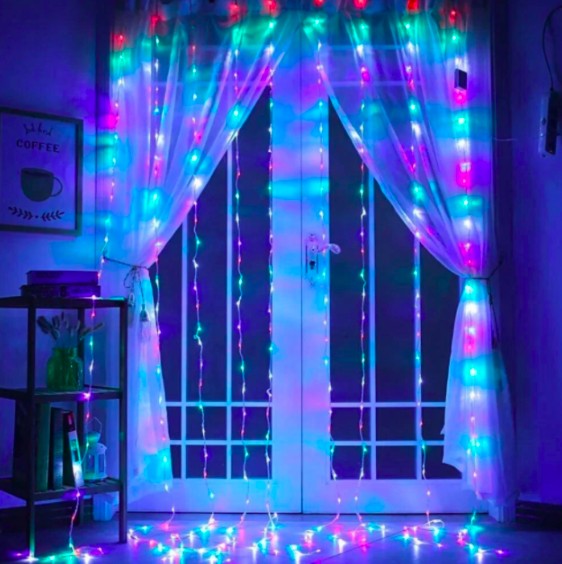 

Гирлянда штора-водопад, прозрачный шнур, 3x2 м, 280 LED, разноцветная, с переходником