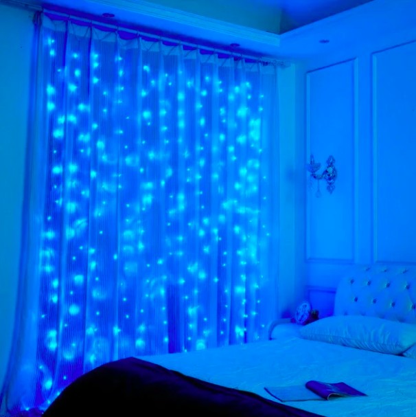 

Гирлянда штора-водопад, прозрачный шнур, 3x3 м, 320 LED, синяя, с переходником