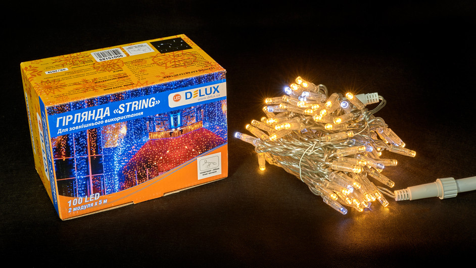 

Гирлянда внешняя DELUX STRING 100 LED нить10m (2x5m) 20 белый flash теплый белый/прозрачный IP44 EN
