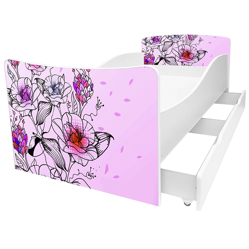 

Детская кровать с ящиком Viorina-deko Kinder-62 цветы розовый фон new 70х155