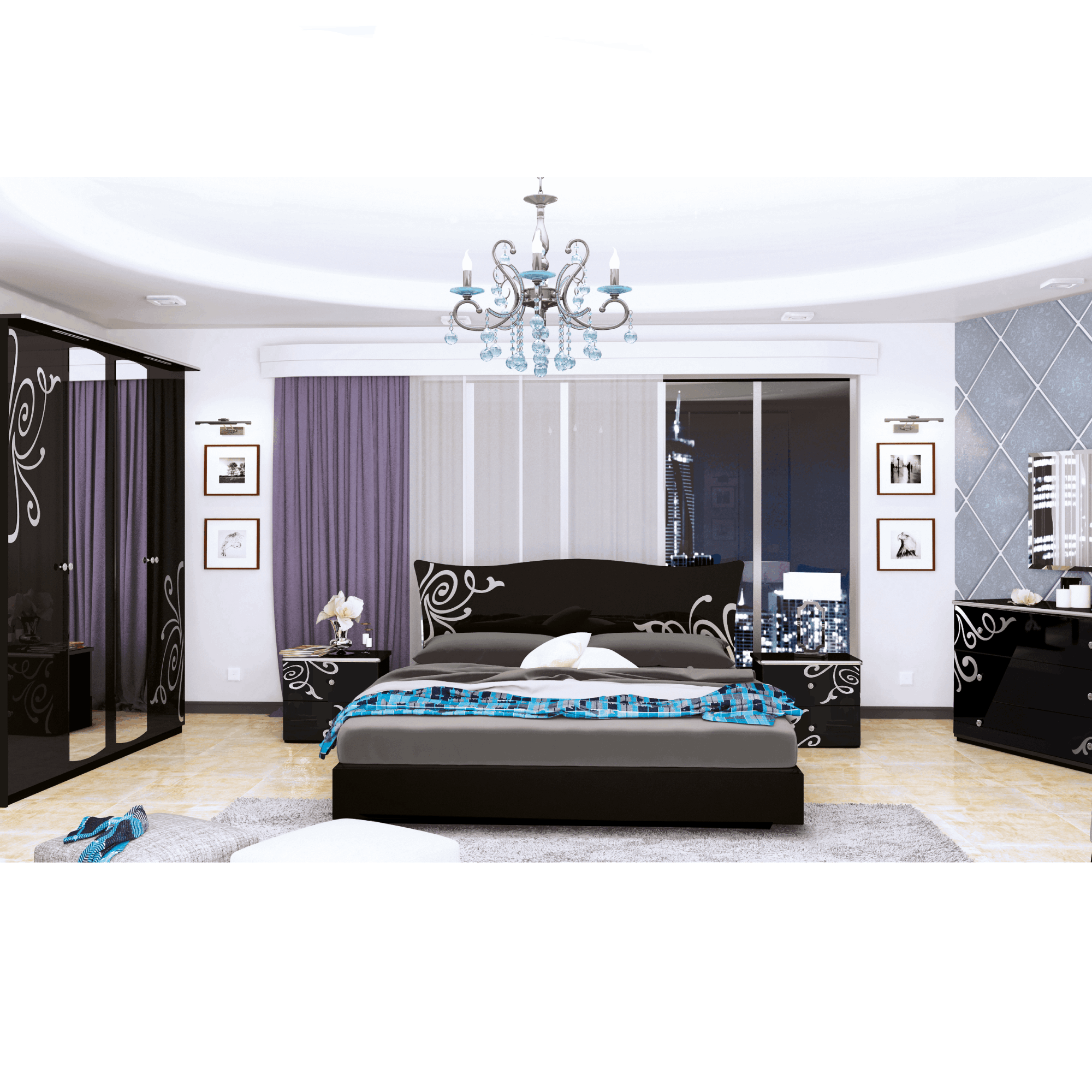

Спальня MiroMark Bogema Черный глянец BG-103-BL + LM-36-ZV + OP-05-WB + OP-08-WB