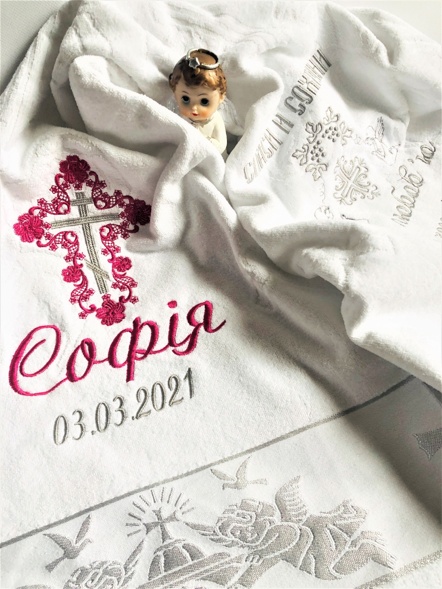 

Крыжма махровая именная для девочки серебро 70*140 Cotton Area