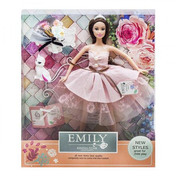 

Кукла Эмили Emily QJ 077А, высота 28 см, шатенка в розовом платье, с короной, с котиком и букетом