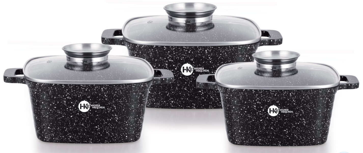 

Набор кастрюль (казанов) Higher Kitchen HK-301, с гранитным покрытием, 3шт, Квадратные Черные