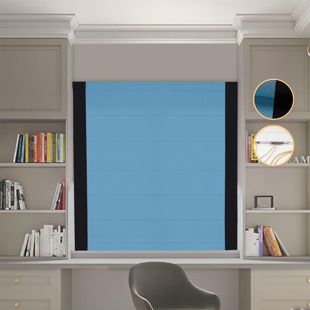 

Римские шторы DECOLIV Блэкаут Перфект голубой с черными кантами по бокам 200*170 см
