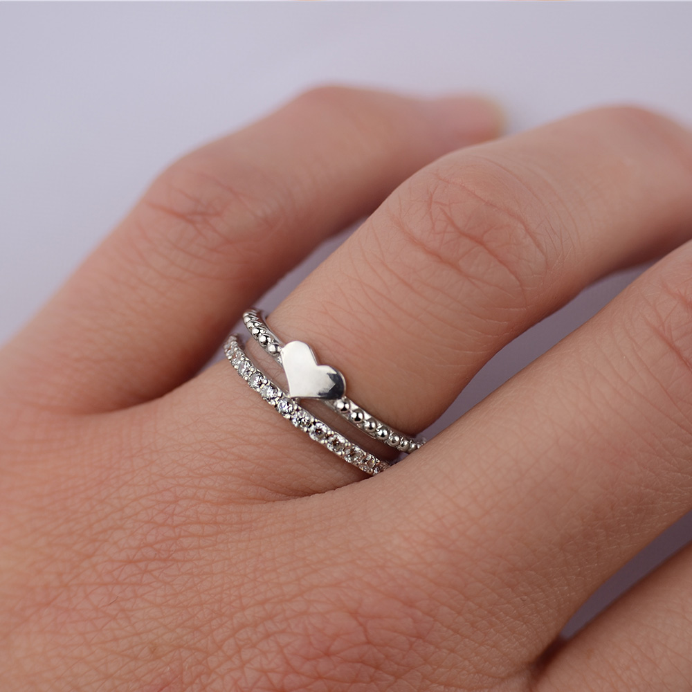 

Двойное серебряное родированное кольцо Сердце 34-kr 19