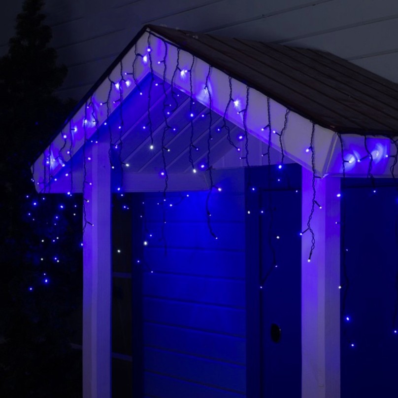 

Светодиодная уличная гирлянда бахрома 5 м 100LED с переходником черный шнур от сети Синяя