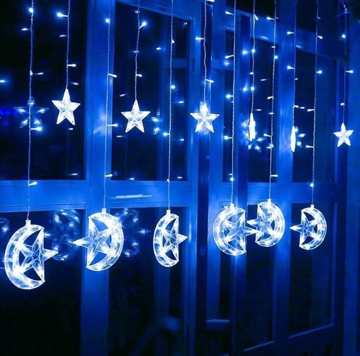 

Гирлянда штора звезды и луна светодиодная занавес 3х1.5 м 138 LED звездопад синяя