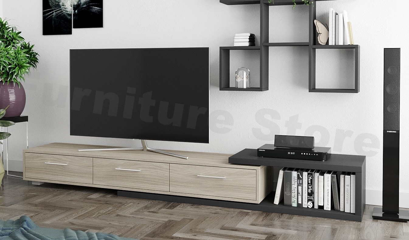 

Тумба под телевизор MebelLoft 180(160)х40х30 см Светлое дерево+Антрацит 5307