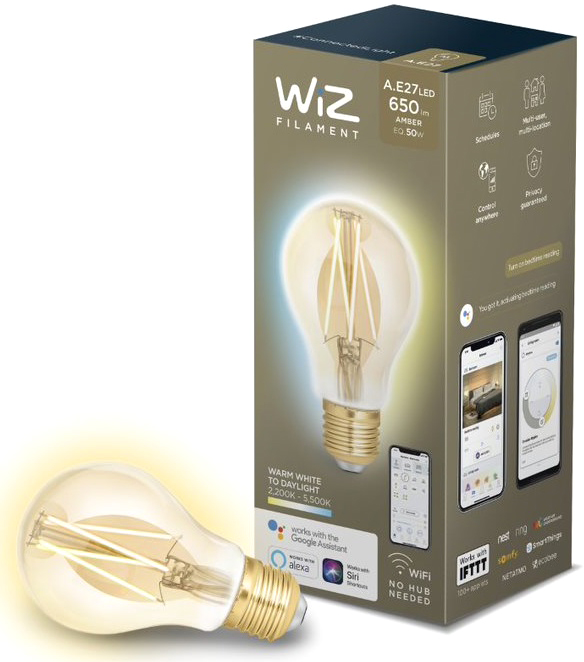 Акція на Умная лампочка WIZ Smart LED WiFi A60 E27 WiZ DW FA Q Warm Dimmable Filament 550lm 2200K (WZE21026011-A) від Rozetka UA