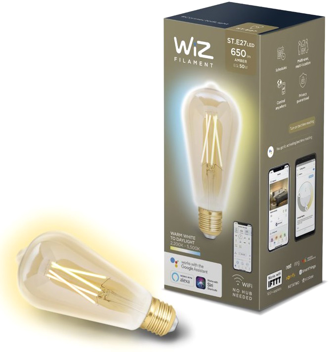 Акція на Умная лампочка WIZ Smart LED WiFi ST64 E27 DW FA Q Warm Dimmable Filament 550lm 2200K (WZE21016411-A) від Rozetka UA