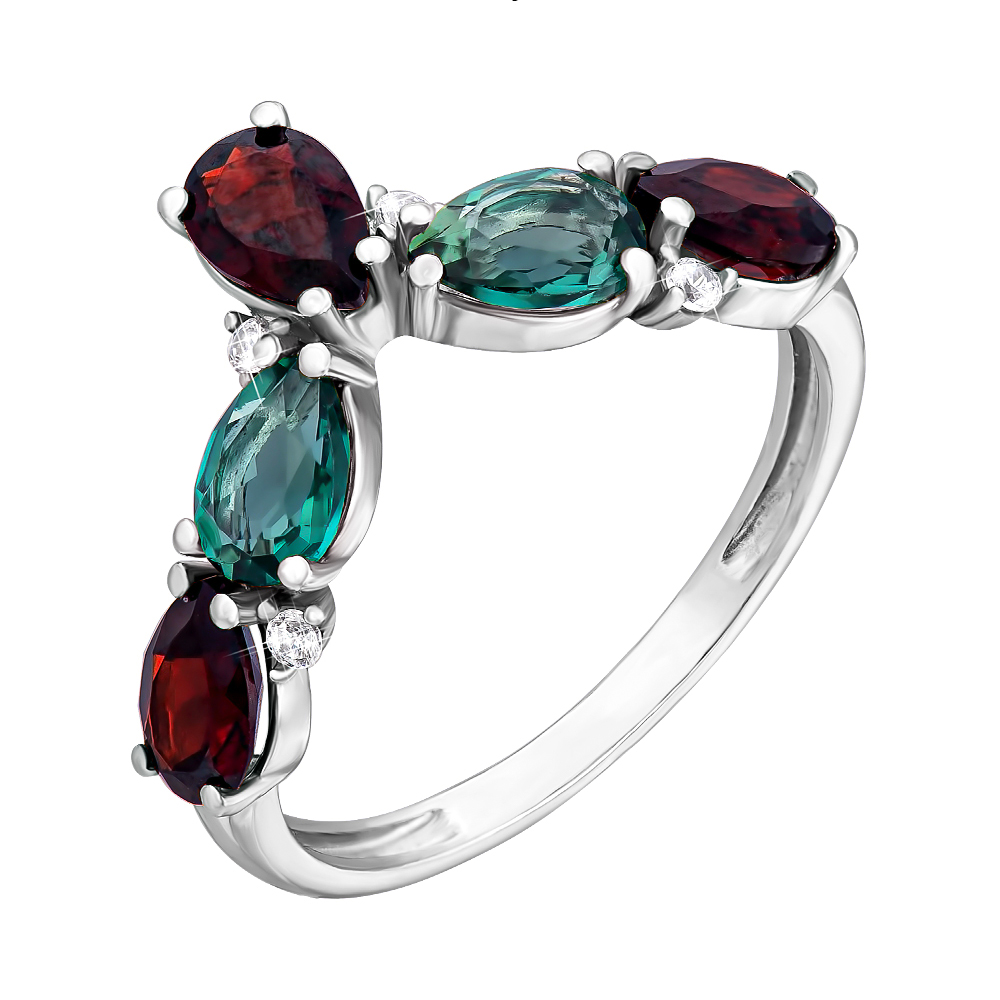 

Серебряное кольцо с гранатом, зеленым кварцем и фианитами 000063339 16.5 размера