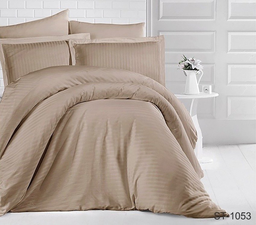 

Постельное белье темно-бежевое страйп-сатин Tag tekstil Luxury ST-1053 Евро макси